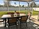 Screened patio featuring a dining table, chairs, and a view of the fenced backyard at 2987 Neverland Dr, New Smyrna Beach, FL 32168