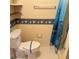 Toilet with temporary tape. Features goose-themed border, dolphin shower curtain, and wooden shelves at 102 Center Sw St, Winter Haven, FL 33880