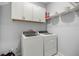 Functional laundry room with white cabinets, shelving, and modern washer and dryer at 7641 Sw 185Th Cir, Dunnellon, FL 34432