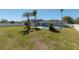 Backyard boasts a well-manicured lawn, pool, privacy fence, and tropical landscaping at 17 Se 61St Ct, Ocala, FL 34472