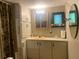 Functional bathroom with storage cabinet, vanity with a yellow sink and framed mirror, alongside a shower at 24605 Ne 177Th Ter, Fort Mc Coy, FL 32134