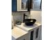 Stylish bathroom with a black vessel sink and modern fixtures atop white vanity at 858 Lafayette Ln, Lakeland, FL 33805