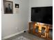 Living room showcasing a TV and a wooden cabinet with glass doors, complete with decorative accents and an area rug at 858 Lafayette Ln, Lakeland, FL 33805