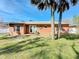 A backyard with palm trees features a lawn, a neutral painted home, and outdoor seating at 703 New York Ave, South Daytona, FL 32119