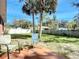 Patio furniture sits on a patio overlooking the grassy backyard with palm trees at 703 New York Ave, South Daytona, FL 32119