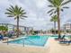 Community swimming pool with palm trees, lounge chairs, and multi-colored residential buildings at 7517 Laureate Blvd # 4303, Orlando, FL 32827