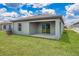 Relaxing covered patio overlooking a lush green lawn under a bright blue sky in this spacious backyard at 3739 Bergamot St, Lake Alfred, FL 33850