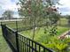 Black metal fence surrounds the property, with a flowering tree adds visual interest to the backyard at 2188 Palm Tree Dr, Kissimmee, FL 34759