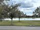 A view of the pond, as seen from across the street, shows two trees and a paved walking path at 2188 Palm Tree Dr, Kissimmee, FL 34759