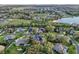 A bird's eye view of a residential neighborhood surrounded by green spaces and a lake in the distance at 6327 Ashley Dr, Lakeland, FL 33813
