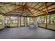 Outdoor gazebo featuring wood flooring, metal roof, lattice surround, and outdoor furniture at 4942 Cr 300, Lake Panasoffkee, FL 33538