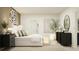 Airy bedroom with modern decor, bench and dark wood dresser with a round mirror at 950 Hour Glass Rd, Lakeland, FL 33801