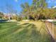 Large, fenced backyard with lush green grass and mature trees casting shadows at 915 E Lake Parker Dr, Lakeland, FL 33801