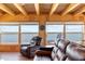 Cozy living room with wooden ceiling and lake view through the windows at 830 County Rd 457, Lake Panasoffkee, FL 33538