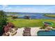 The backyard features a fire pit, lounge chairs, a pool, and gorgeous lake views at 7769 Summerlake Pointe Blvd, Winter Garden, FL 34787