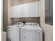 Practical laundry room equipped with washer, dryer, and upper cabinets for ample storage at 1529 Euston Dr, Reunion, FL 34747