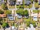 Overhead aerial view of property with green lawns, swimming pool, and mature trees at 1508 Leighton Ave, Lakeland, FL 33803