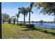 Expansive backyard with lush lawn and lake views, framed by palm trees and a sleek black fence at 252 Bayou Bend Rd, Groveland, FL 34736