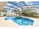 Screened-in pool with attached hot tub on a sunny day, reflecting blue skies at 265 Elderberry Dr, Davenport, FL 33897