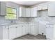 Modern kitchen with white cabinets, granite countertops, mosaic backsplash, and stainless steel sink and faucet at 218 W Magnolia St, Clermont, FL 34711