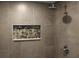 Modern shower featuring elegant gray tiling, a unique stone accent shelf, and a rainfall shower head at 3821 Whitedove Dr, Lakeland, FL 33812