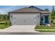 A two-car garage featuring an extended concrete driveway and manicured lawn at 9056 Wildlight Trl, Wildwood, FL 34785