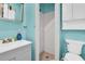 Small bathroom with blue walls, white fixtures, and a walk-in shower at 1043 Pineview Pl, Lakeland, FL 33801