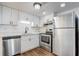 Modern kitchen featuring stainless steel appliances, sleek white cabinets, and durable hardwood floors at 4215 S Semoran Blvd # 3, Orlando, FL 32822