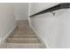 Carpeted staircase with white walls and dark-colored handrail leading to the upper or lower levels of the home at 1568 Maidstone Ct, Davenport, FL 33896
