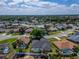 An aerial shot showing the backyard pool and patio in a quiet neighborhood at 7402 Gunstock Dr, Lakeland, FL 33809