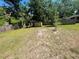 Large backyard with lush green grass, mature trees, wood fence and storage shed at 1831 Quail Trl, Lakeland, FL 33810