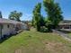 The spacious, grassy backyard has a small patio, grill, lush trees, and blue sky at 3928 Cherry Way, Lakeland, FL 33805