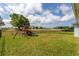 Large, grassy backyard features a black fence and a playset with open green space views at 30505 Island Club Dr., Deer Island, FL 32778