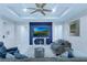 Sophisticated living room featuring a blue accent wall, modern lighting, and comfortable seating at 7071 Spring Park Dr, Winter Garden, FL 34787
