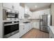 Modern kitchen boasts stainless steel appliances, white cabinetry, and a stylish tile backsplash at 7869 Somersworth Dr, Kissimmee, FL 34747