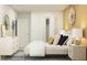 Warm bedroom with gold accent wall, a queen size bed, side tables and modern lamps at 947 Hour Glass Rd, Lakeland, FL 33801