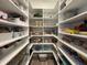 Spacious walk-in pantry with custom shelves filled with food and home supplies at 7418 Barrier Cove Way, Celebration, FL 34747