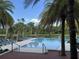 Resort-style community pool with comfortable lounge chairs surrounded by palm trees and lush landscaping at 7418 Barrier Cove Way, Celebration, FL 34747