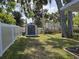 Back yard featuring storage shed, privacy fence and mature trees at 3446 Country Manor Dr, Port Orange, FL 32129