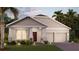 Beautiful exterior elevation features a two car garage, stone accents, and a well-manicured lawn with trees at 1863 Clear Sky Dr, Kissimmee, FL 34744