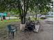 Exterior shot of backyard with chairs, mature trees and landscaping at 730 Citrus St, Orlando, FL 32805
