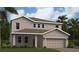 Two-story home boasts a neutral color palette, manicured lawn, two-car garage, and tropical landscaping at 1967 Rider Rain Ln, Apopka, FL 32703