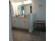 A well-lit bathroom with double vanity, granite countertops, and a stylish wood-look tiled floor at 4616 Grandview Glen Dr, Auburndale, FL 33823