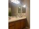 Bathroom vanity with neutral countertop, wood cabinets, large mirror, and decorative accents at 1087 Jackson St, The Villages, FL 32162