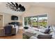 Inviting living area with fireplace and scenic backyard views through sliding glass doors to screened patio at 1395 S Lake Reedy Blvd, Frostproof, FL 33843