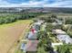 Expansive aerial view of neighborhood showcasing mature trees and fenced properties, highlighted with a red marker at 2161 Longleaf Cir, Lakeland, FL 33810