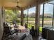Relaxing back porch with outdoor seating, scenic views of the nearby pond, and a private hot tub at 1415 Colonial Ct, Winter Haven, FL 33884
