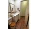 Bathroom featuring a single sink vanity and decorative wood-colored accents on the toilet seat and mirror at 11407 Bobwhite Blvd, Leesburg, FL 34788