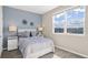 Stylish bedroom with a large window, blue accent wall, and coordinated decor at 612 Terrapin Dr, Debary, FL 32713