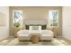 Bright bedroom with a headboard, two windows, matching end tables, lamps, and two chairs at 703 Peroni Ave, Debary, FL 32713
